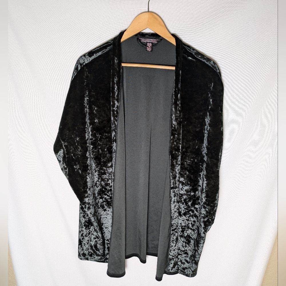Victoria’s Secret Black/Green Crushed Velvet Kimono Open Front Robe Cover XS/S